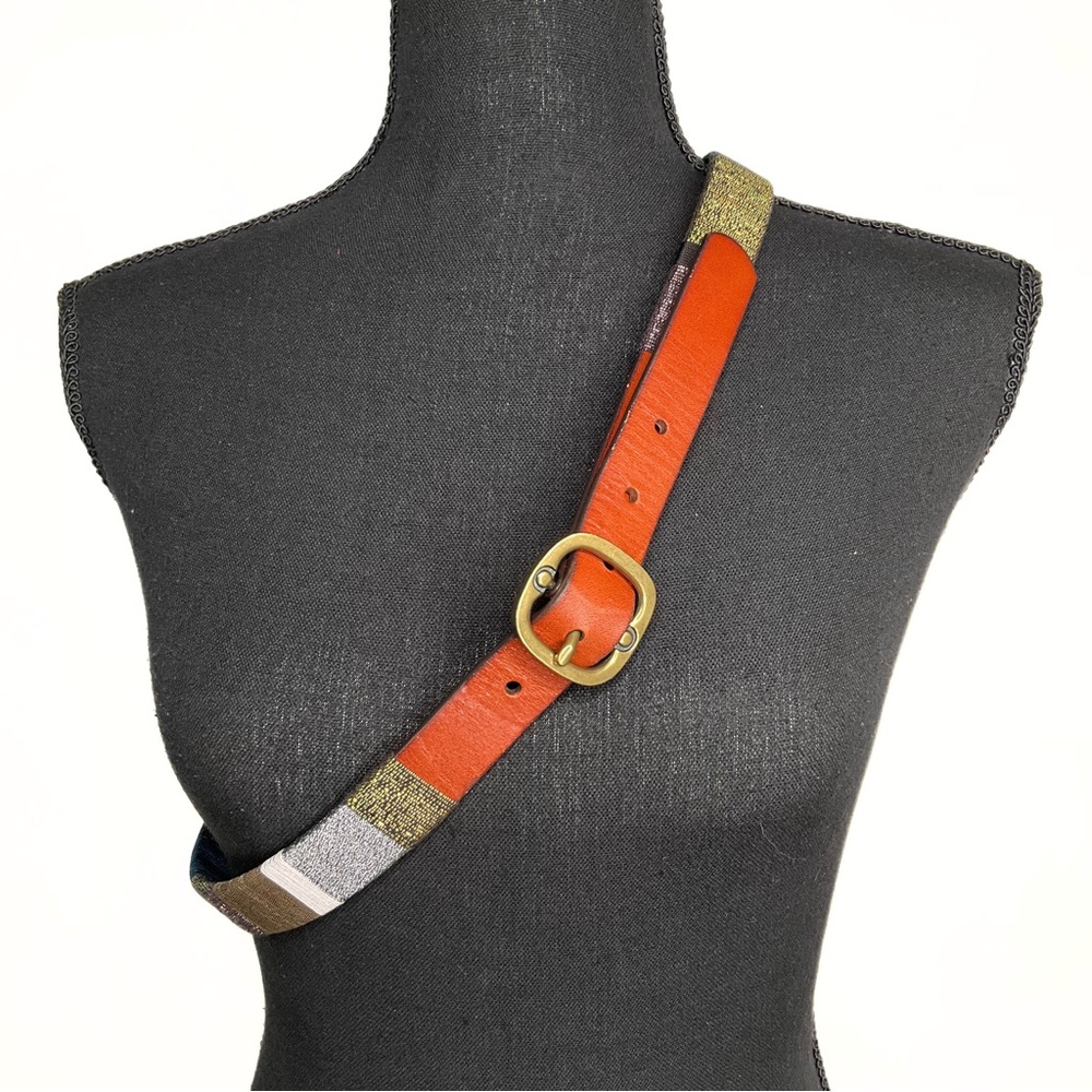 Coldwater Creek Medium Leather Multicolor Yarn Wrap Metallic Belt Womens SZ M